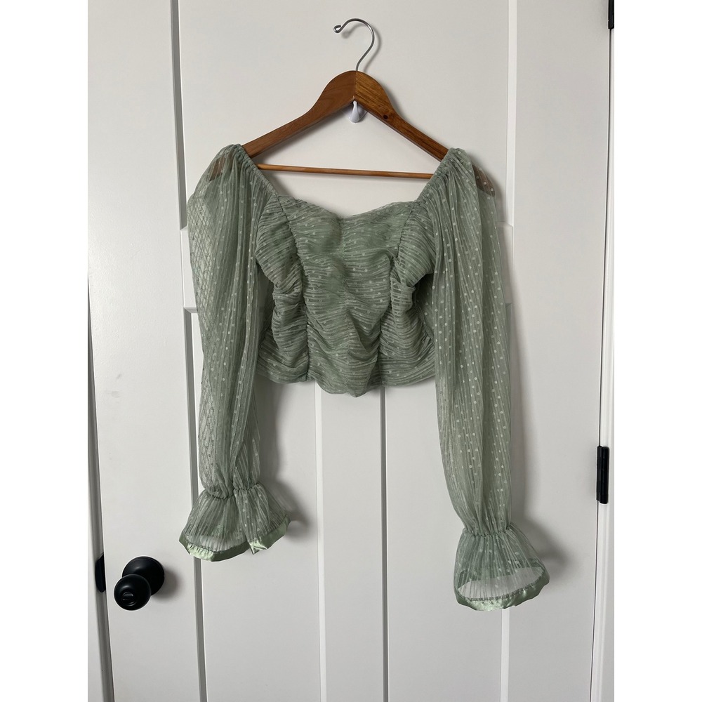 Love X Design Sage Green Swiss Dot Ruched Mesh Crop Top Long Sleeve Bell Cuff S